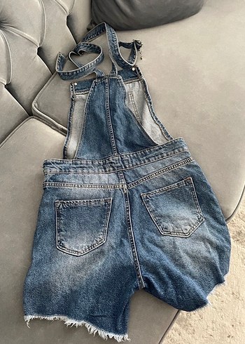 Kadın Kot Mini Tulum, Gevşek ve Askılı - Görsel 4