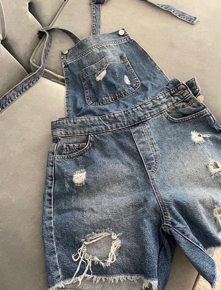 Kadın Kot Mini Tulum, Gevşek ve Askılı - Görsel 3