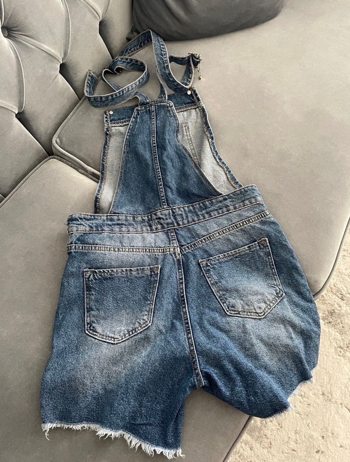 Kadın Kot Mini Tulum, Gevşek ve Askılı - Görsel 4