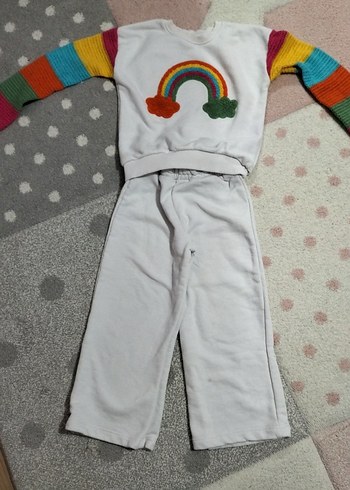 Kız Çocuk Gökkuşağı Nakışlı Gri Eşofman Takımı - Görsel 2