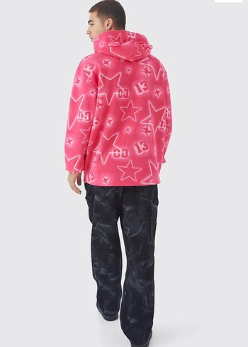 Diğer Erkek Pembe Batik Desenli Kapüşonlu Sweatshirt