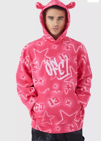 Erkek Pembe Batik Desenli Kapüşonlu Sweatshirt