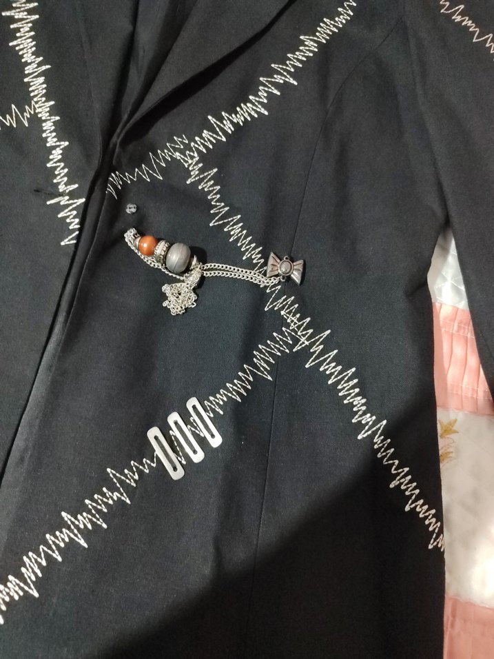 Düğmeli Nakışlı Siyah Uzun Blazer Vatkalı - Görsel 2