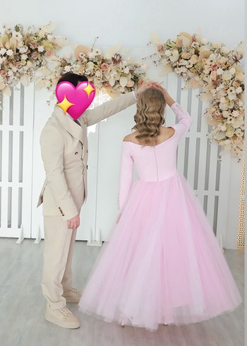 s Beden Pudra Pembe Uzun Kollu Düğmeli Nişan Elbisesi