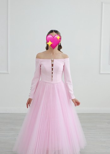 s Beden pembe Renk Pudra Pembe Uzun Kollu Düğmeli Nişan Elbisesi