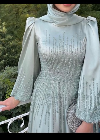 Abiye Uzun Turkuaz İşlemeli Kadın tesettür Abiye Elbise şal dahil