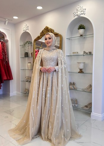 Abiye Bej Uzun Kollu Drapeli Nişan Elbisesi