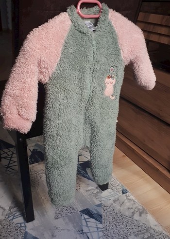 9 Ay Beden gri Renk Peluş Detaylı İşlemeli Bebek Kız Tulum