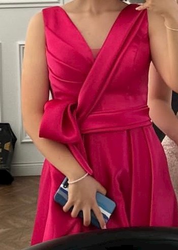 Abiye Pembe Drapeli Uzun Abiye Elbise