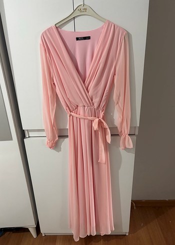 Pembe Drapeli Uzun Kadın Elbise