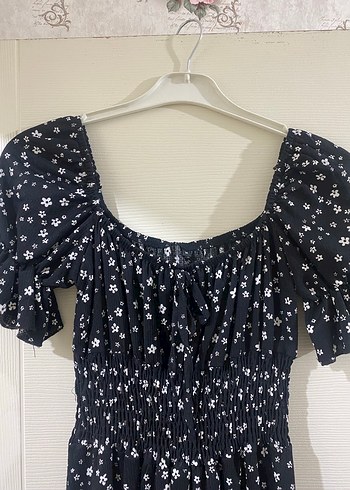 Siyah Çiçekli Kısa Kollu Uzun Elbise - Görsel 3