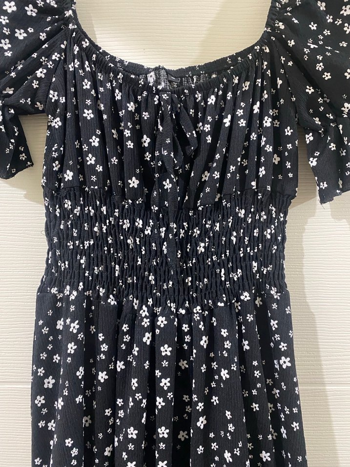 Siyah Çiçekli Kısa Kollu Uzun Elbise - Görsel 5