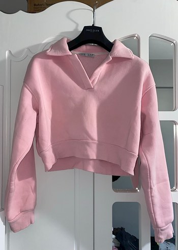 Pembe V Yakalı Kadın Sweatshirt