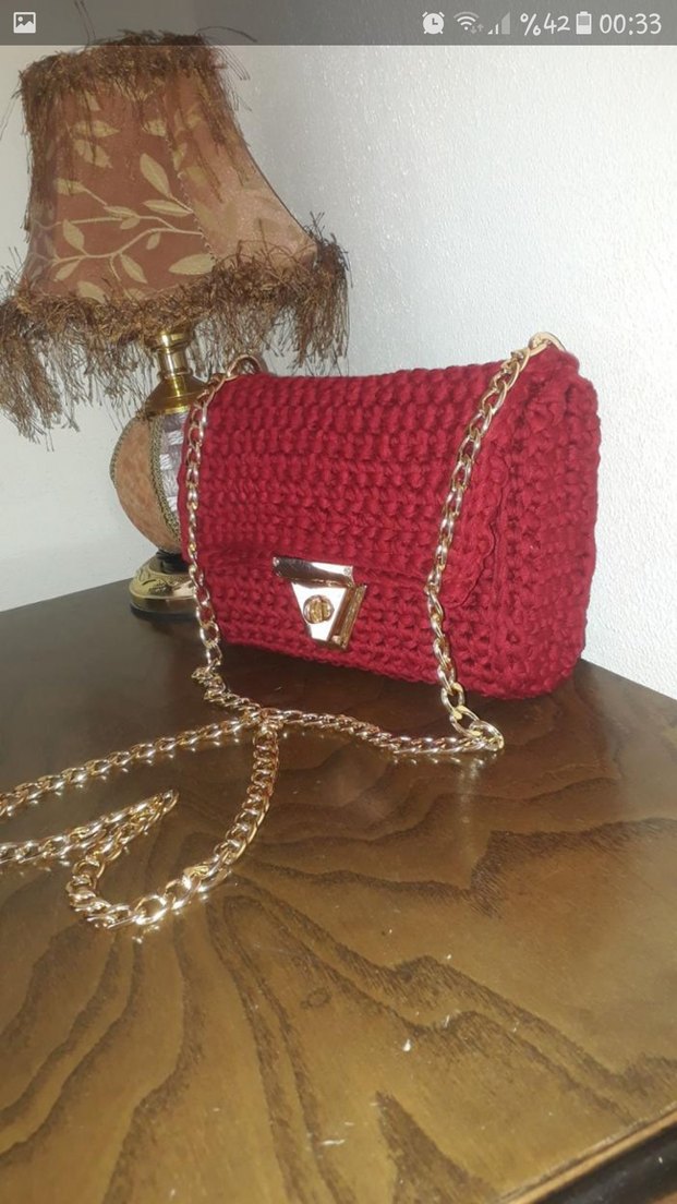 Bordo Zincir Detaylı Örgü Kadın Çanta - Görsel 2