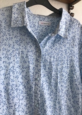 42 Beden Liz Claiborne Gri Desenli Uzun Kollu Keten Kadın Gömlek