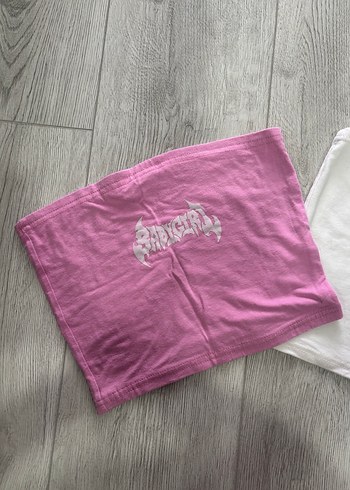 s Beden pembe Renk 2li Straplez Baskılı Crop Top