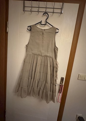 44 Beden Bej Keten Midi Elbise, Fırfırlı, Kolsuz