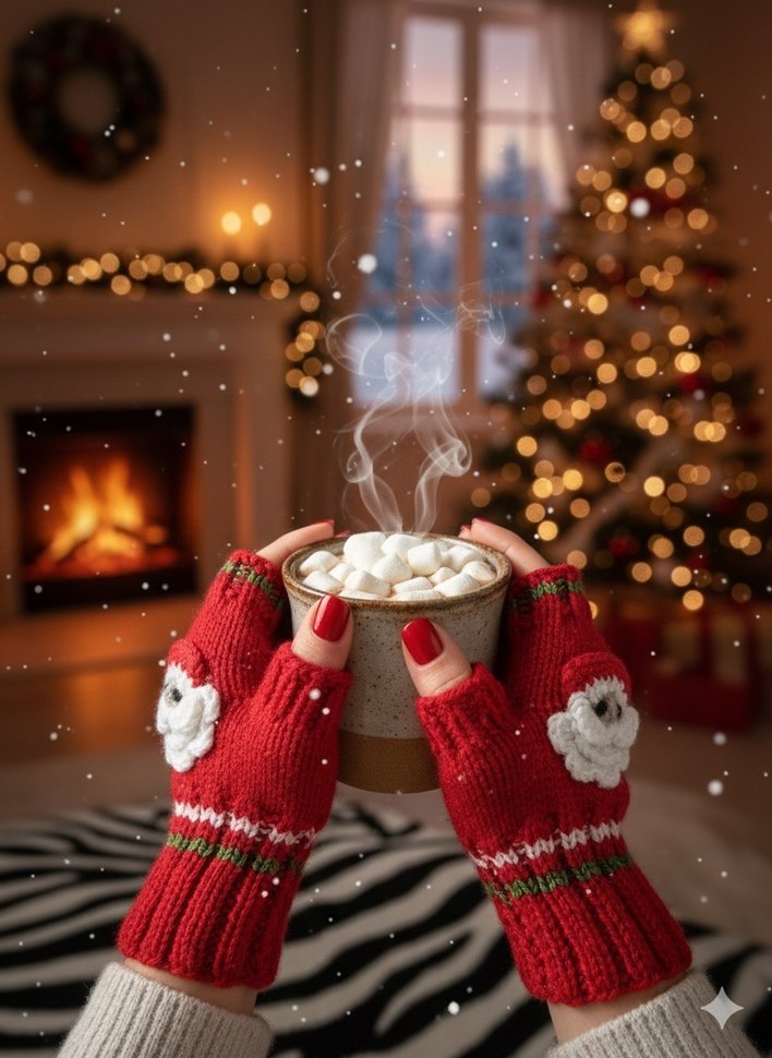 PARMAKSIZ Kırmızı Örgü Kadın Eldivenleri - Görsel 2