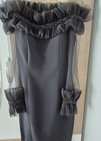 Askılı Volanlı Siyah Uzun Abiye Elbise - Görsel 2