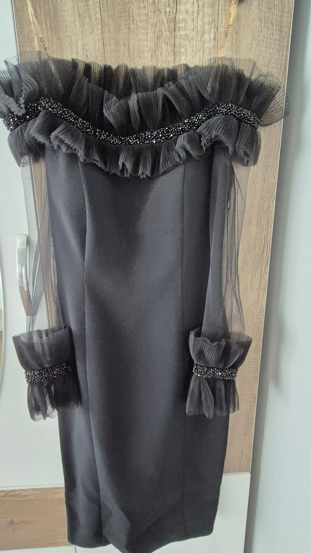 Askılı Volanlı Siyah Uzun Abiye Elbise - Görsel 2