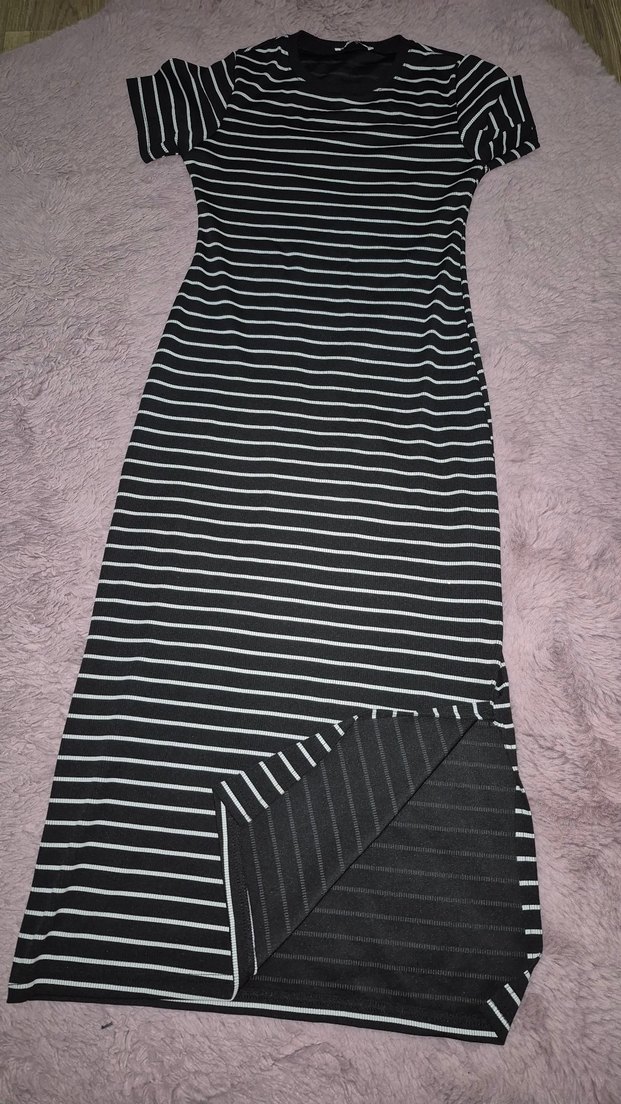 Çizgili Siyah Uzun Kadın Elbise - Görsel 3