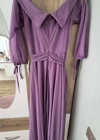 Parlak Mor V Yaka Uzun Abiye Elbise - Görsel 3