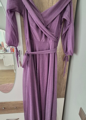 Parlak Mor V Yaka Uzun Abiye Elbise - Görsel 2