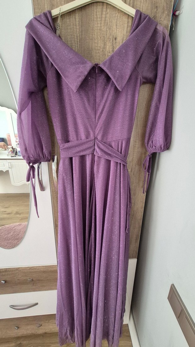 Parlak Mor V Yaka Uzun Abiye Elbise - Görsel 3