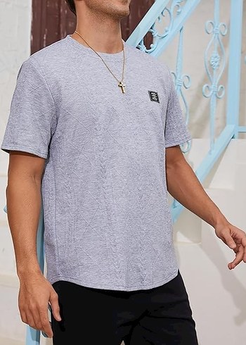 E104 Erkek Kısakol Tişört Desenli Gri - Görsel 3