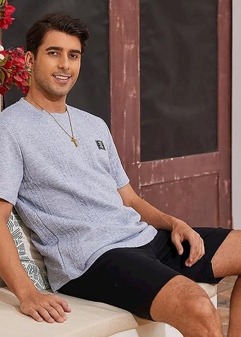 E104 Erkek Kısakol Tişört Desenli Gri - Görsel 5