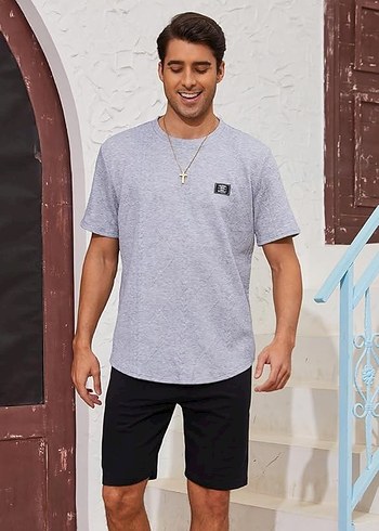 E104 Erkek Kısakol Tişört Desenli Gri - Görsel 2