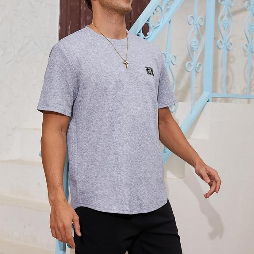 E104 Erkek Kısakol Tişört Desenli Gri - Görsel 3