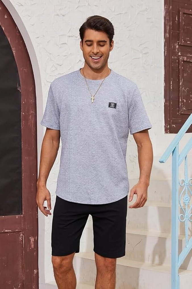 E104 Erkek Kısakol Tişört Desenli Gri - Görsel 2