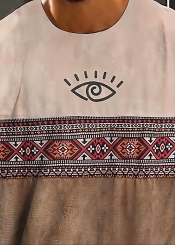 E106 Erkek Kısakol Tişört Aztec Desen Bej Kahve - Görsel 4
