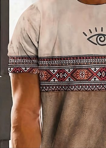 E106 Erkek Kısakol Tişört Aztec Desen Bej Kahve - Görsel 3