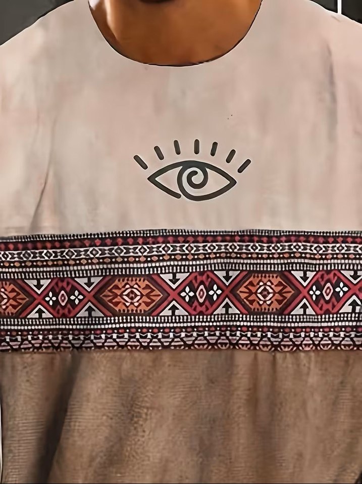 E106 Erkek Kısakol Tişört Aztec Desen Bej Kahve - Görsel 4