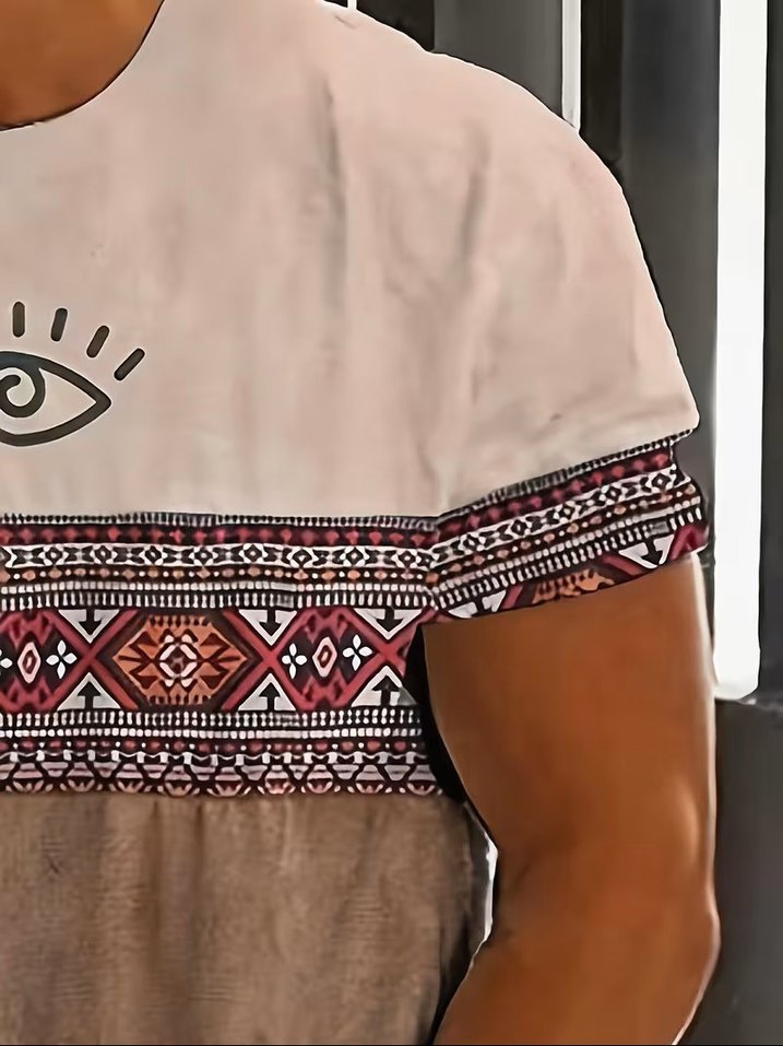 E106 Erkek Kısakol Tişört Aztec Desen Bej Kahve - Görsel 2