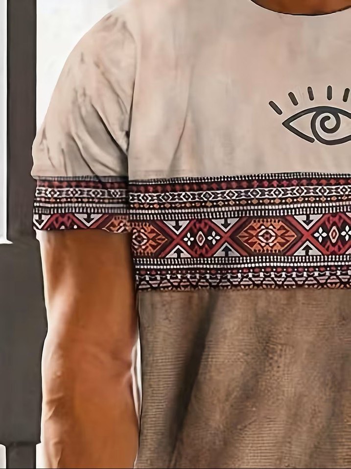 E106 Erkek Kısakol Tişört Aztec Desen Bej Kahve - Görsel 3