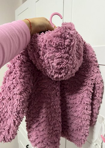 Pembe Kapüşonlu Peluş Kız Çocuk Ceketi - Görsel 4