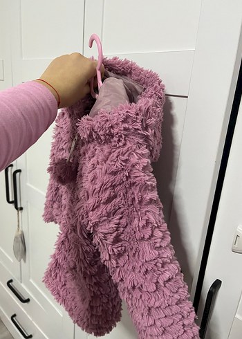 Pembe Kapüşonlu Peluş Kız Çocuk Ceketi - Görsel 2
