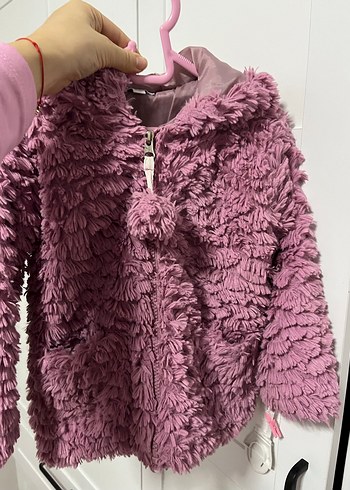 Pembe Kapüşonlu Peluş Kız Çocuk Ceketi - Görsel 3