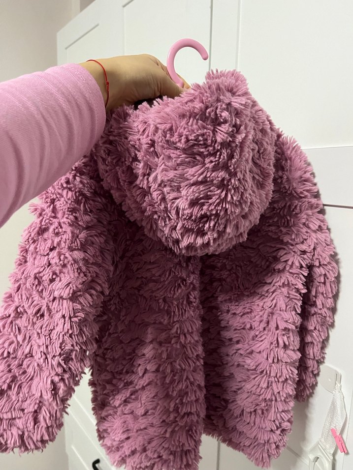 Pembe Kapüşonlu Peluş Kız Çocuk Ceketi - Görsel 4
