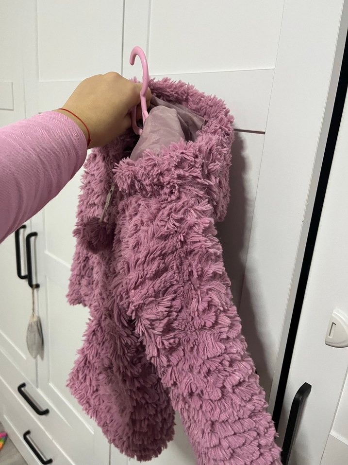 Pembe Kapüşonlu Peluş Kız Çocuk Ceketi - Görsel 2