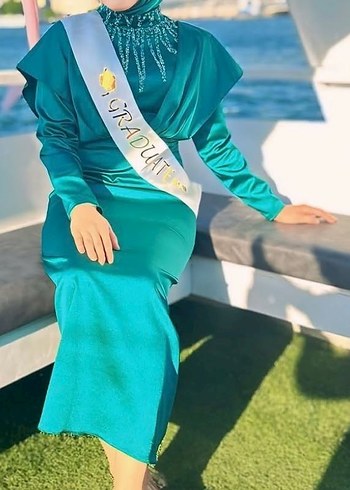 Turkuaz Drapeli Uzun Abiye Elbise - Görsel 2