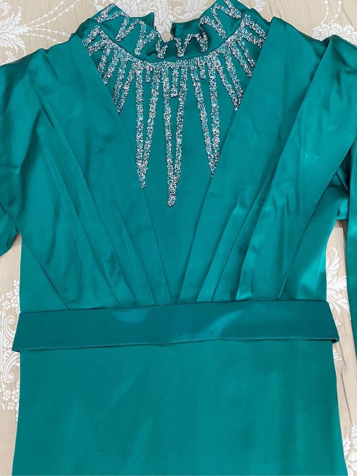 Turkuaz Drapeli Uzun Abiye Elbise - Görsel 3