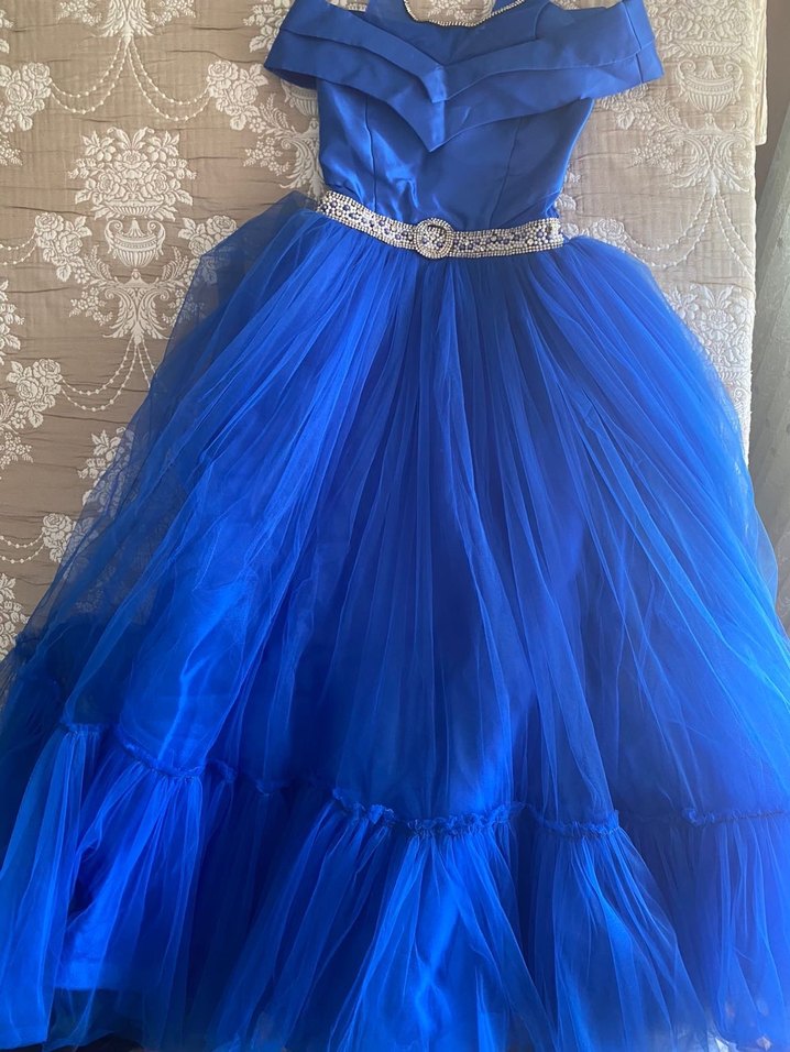 Parlak Mavi Uzun Askılı Kemerli Abiye - Görsel 2