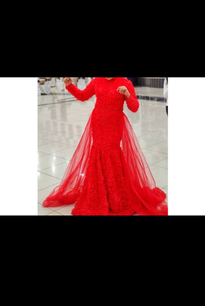 Uzun Kollu Kırmızı Dantel Abiye Elbise - Görsel 2