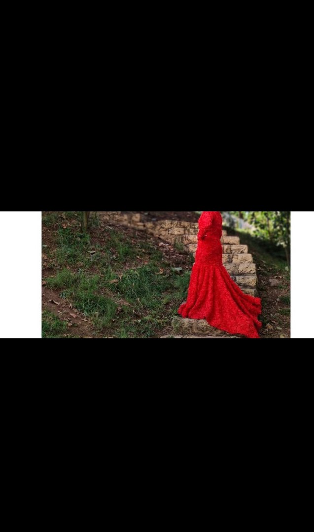 Uzun Kollu Kırmızı Dantel Abiye Elbise - Görsel 3