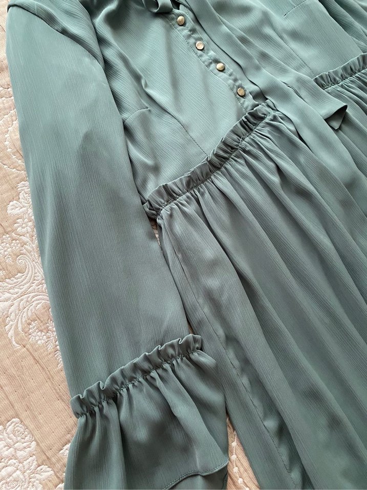 Fırfırlı Uzun Yeşil Kadın Elbise - Görsel 2