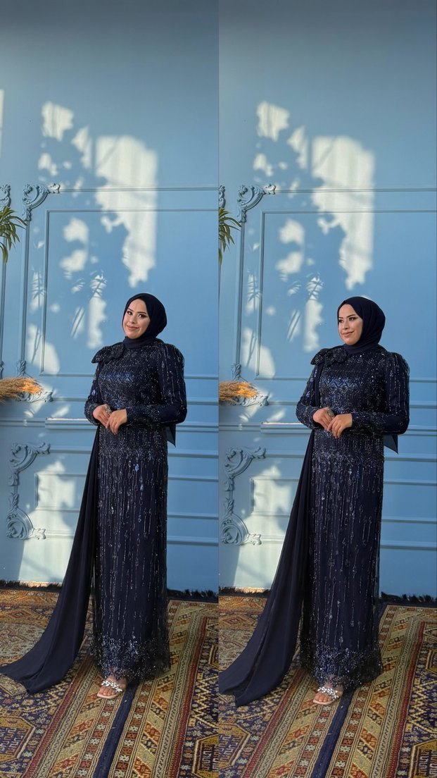 Nakış Detaylı Lacivert Uzun Abiye Elbise - Görsel 2